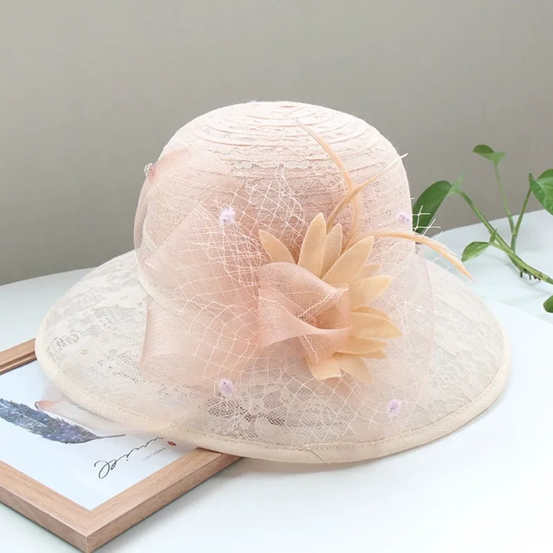 Women Lace Mesh Floral Formal Hat Foldable Outdoor Wide Brim Beach Sun Hat Summer Sun Protection Sunshade Bucket Hats