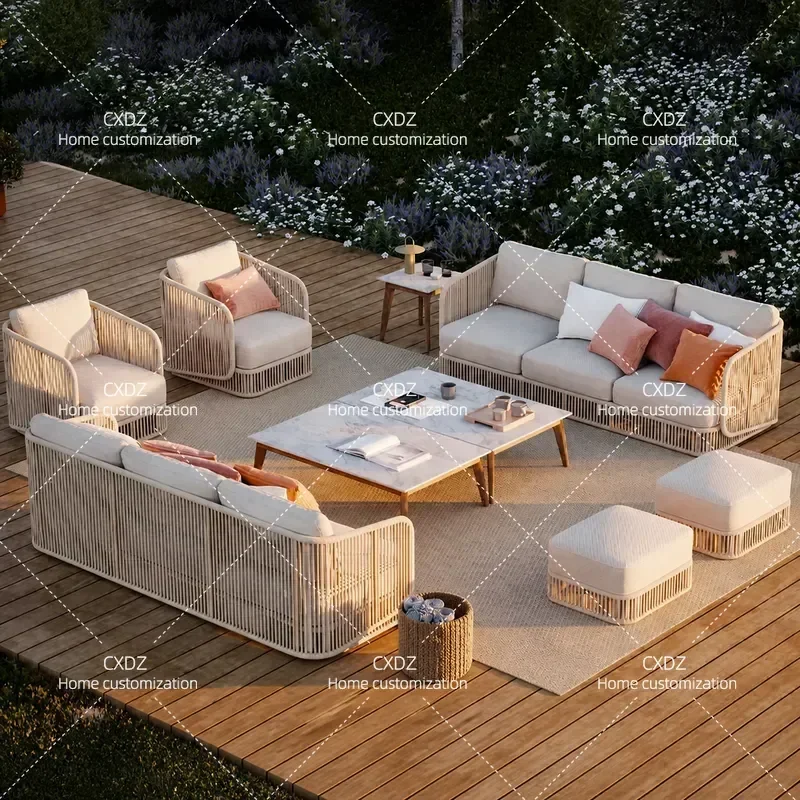 Outdoor Rattan Sofa Set for Sunroom Villa Hotel Garden Courtyard Terrace Weatherproof Wicker Patio Furniture Combination