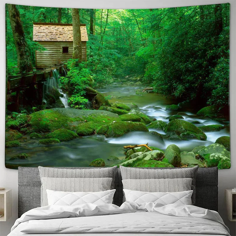 

"Forest Stream Cabin Tapestry - Natural Landscape Decorative Blanket"