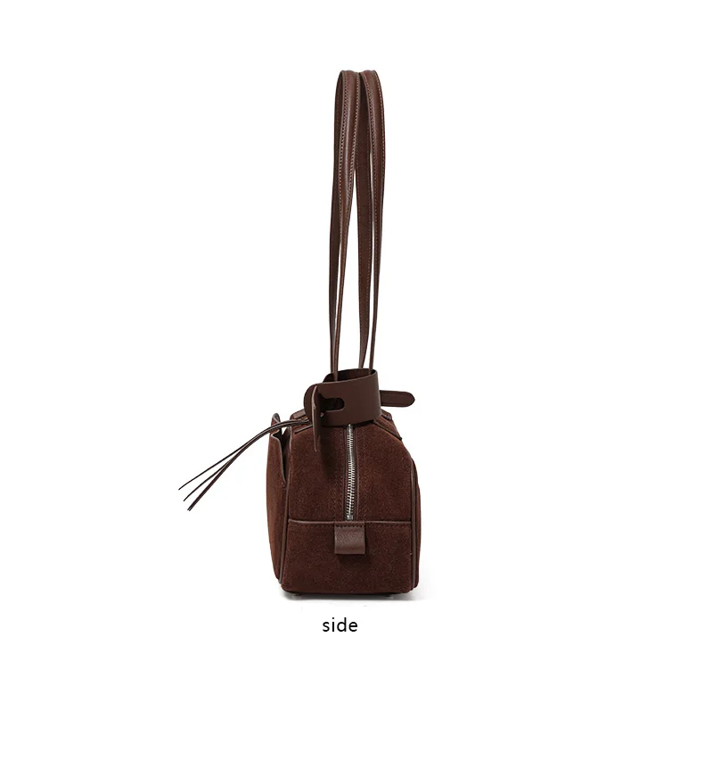 Echte Rindsleder-Damenhandtasche, Einzel-Schulter-Unterarmtasche, Wildleder-Gebürstete Bowling-Tasche – Detail 9