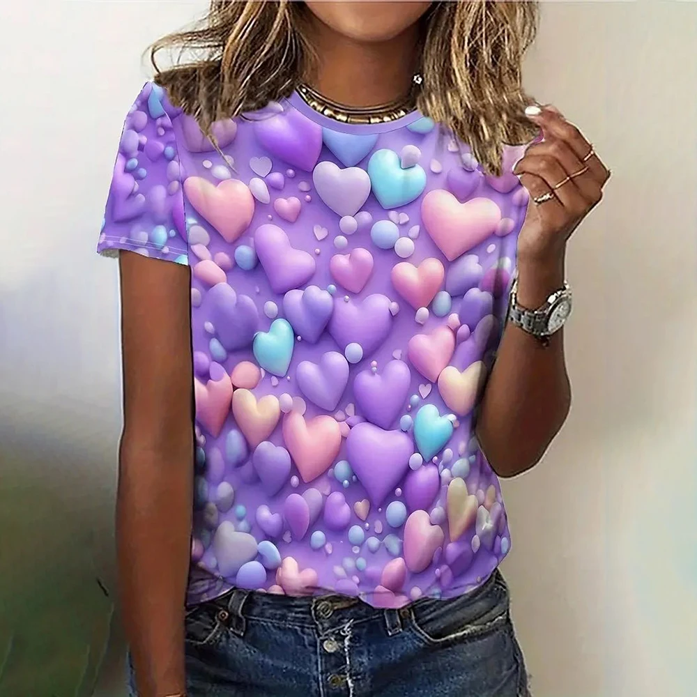 Camiseta con estampado 3D de amor para mujer, Tops informales de manga corta con cuello redondo, ropa de tendencia Hip Hop para mujer, camisetas sueltas para niña