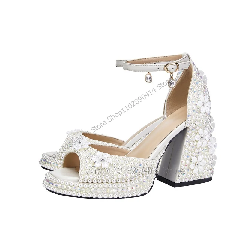 

White Pearl Appliques Decor Peep Toe Platform Sandals Ankle Buckle Strap Women Shoes Chunky High Heels 2023 Zapatos Para Mujere