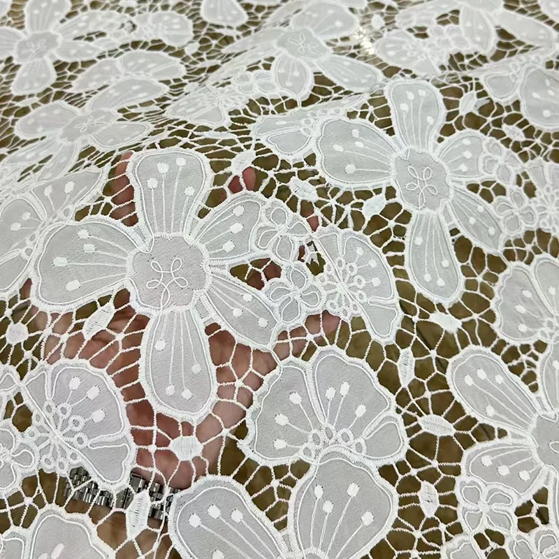 

High-end evening gown wedding dress lace fabric milk silk with hollow floral embroidery full-width water-soluble lace fabric