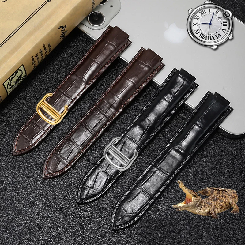 

Crocodile Leather Watchband for Men and Women Cartier Blue Balloon Accessories Folding Buckle Embossed Genuine Leather Chain