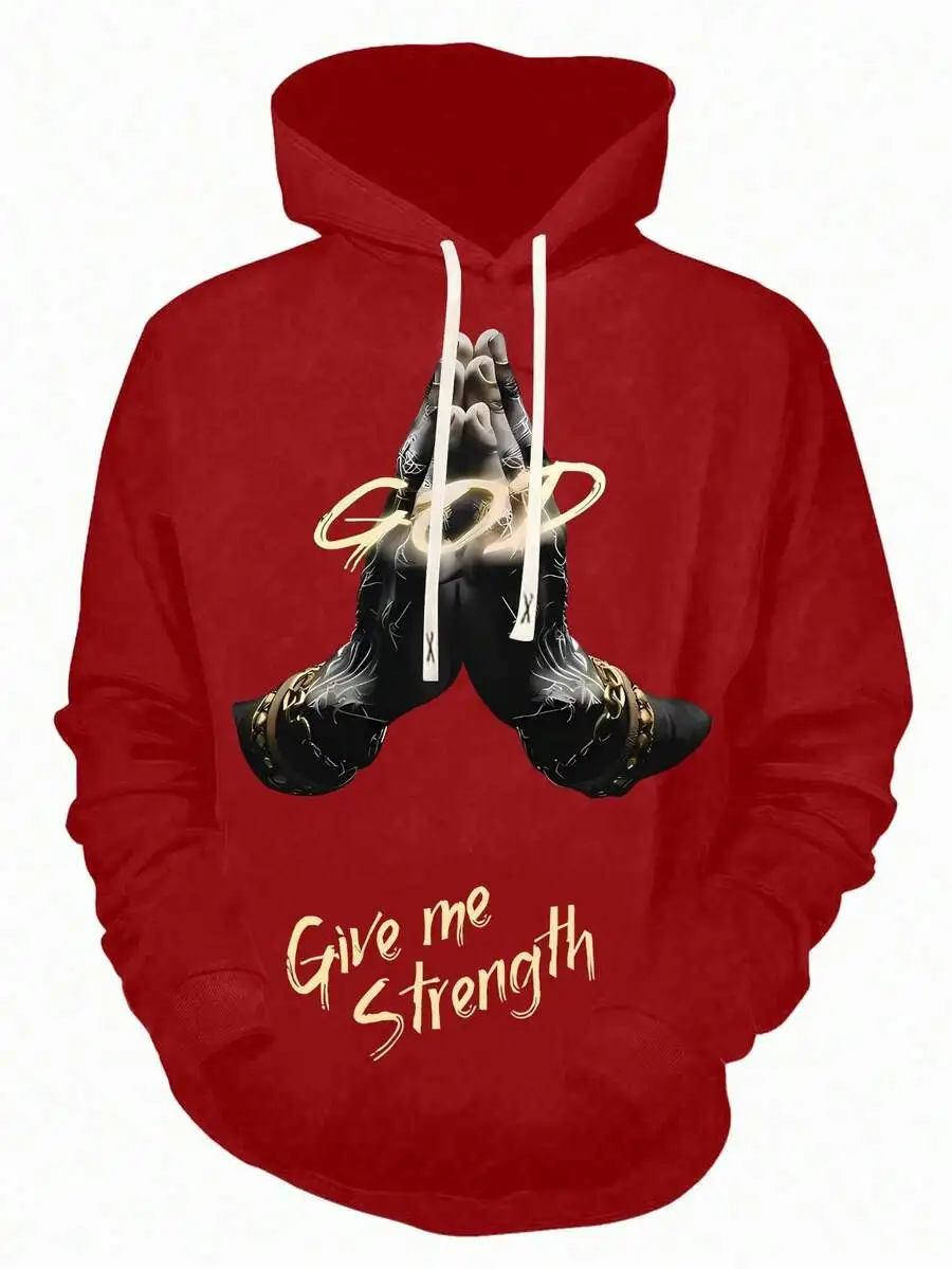 Black Graphic Print Pullover Hoodie with Praying Hands Design, Gothic Style, Fall Casual Wear