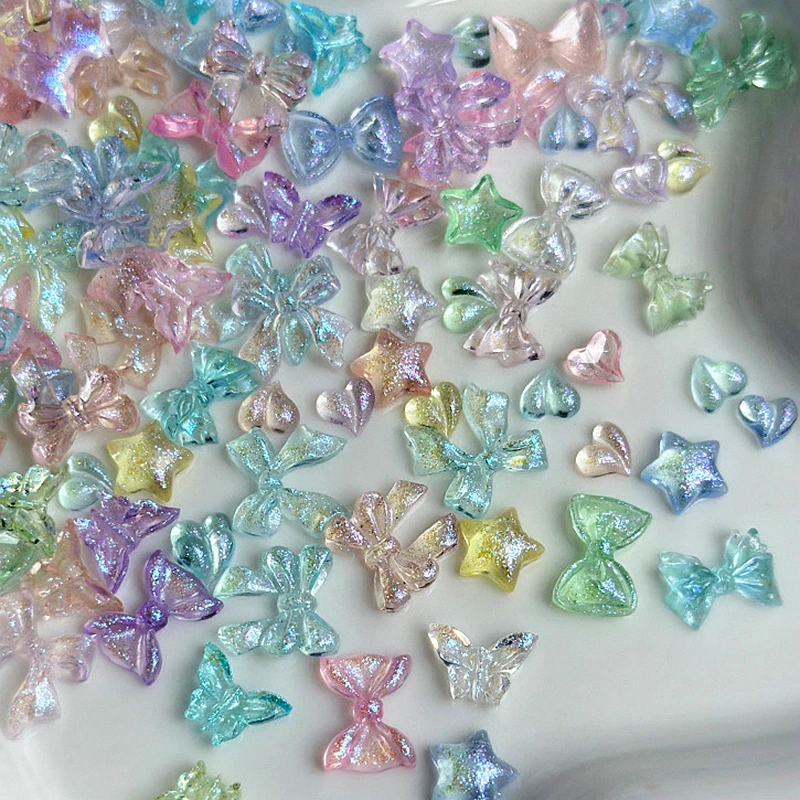 50PCS Transparent Resin 3D Nail Art Bow Charms Parts Heart Stars Accessories Glitter Nails Decoration Supplies Manicure Material