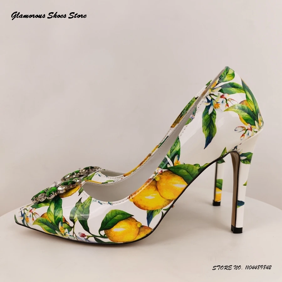 

Туфли-лодочки с цветочным принтом, украшенные кристаллами, женские вечерние модельные туфли на тонком каблуке с острым носком, весна-лето, элегантные туфли на шпильке