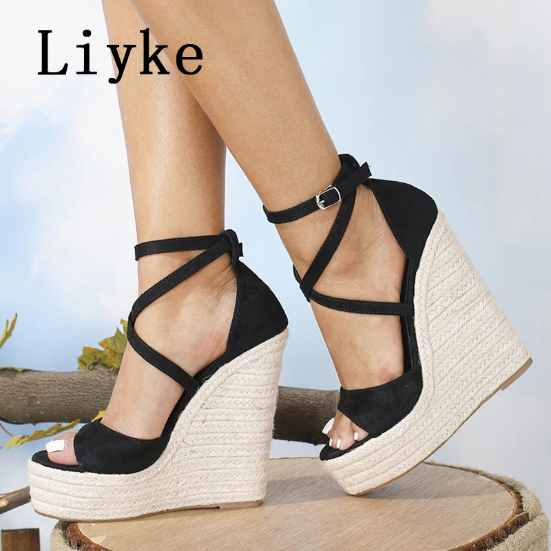 Liyke Size 35-42 Platform Wedge Sandals Sexy Fashion Thick Bottom Open Toe Buckle Strap Black High Heels Woman Shoes Summer 2024