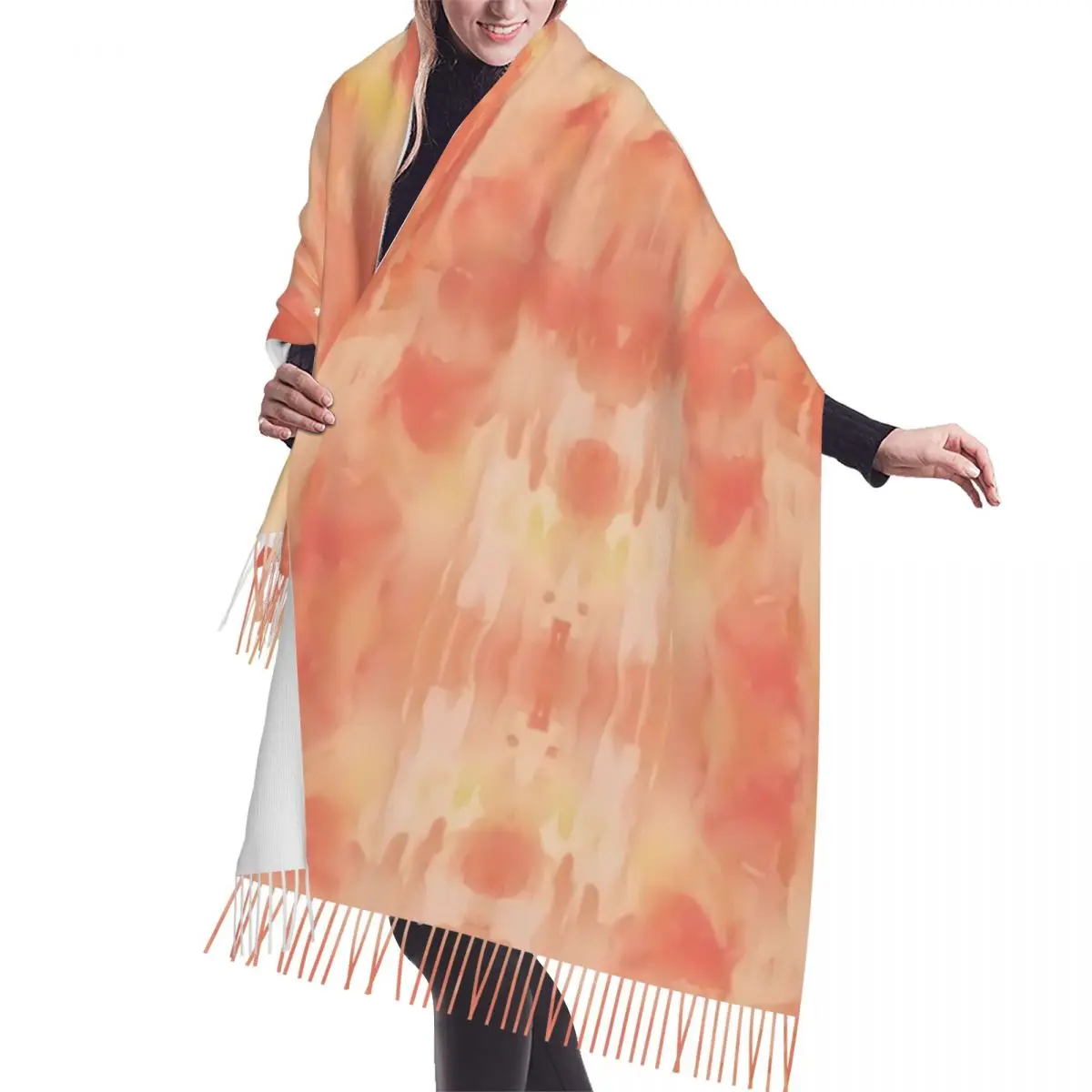 Custom Bright Orange Tie Dye Print Scarf Wrap Women Long Winter Fall Warm Tassel Shawl Unisex Traditional Dyeing Art Scarves