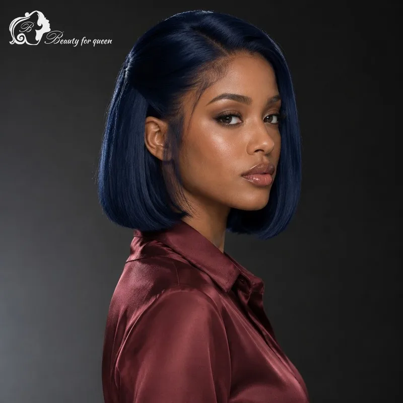 Everyday Navy Blue Straight Lace Front Wig Bob Hot Smooth Bleached Knots Middle Part Elegant Salon Full Bouncy Deep Glamorous