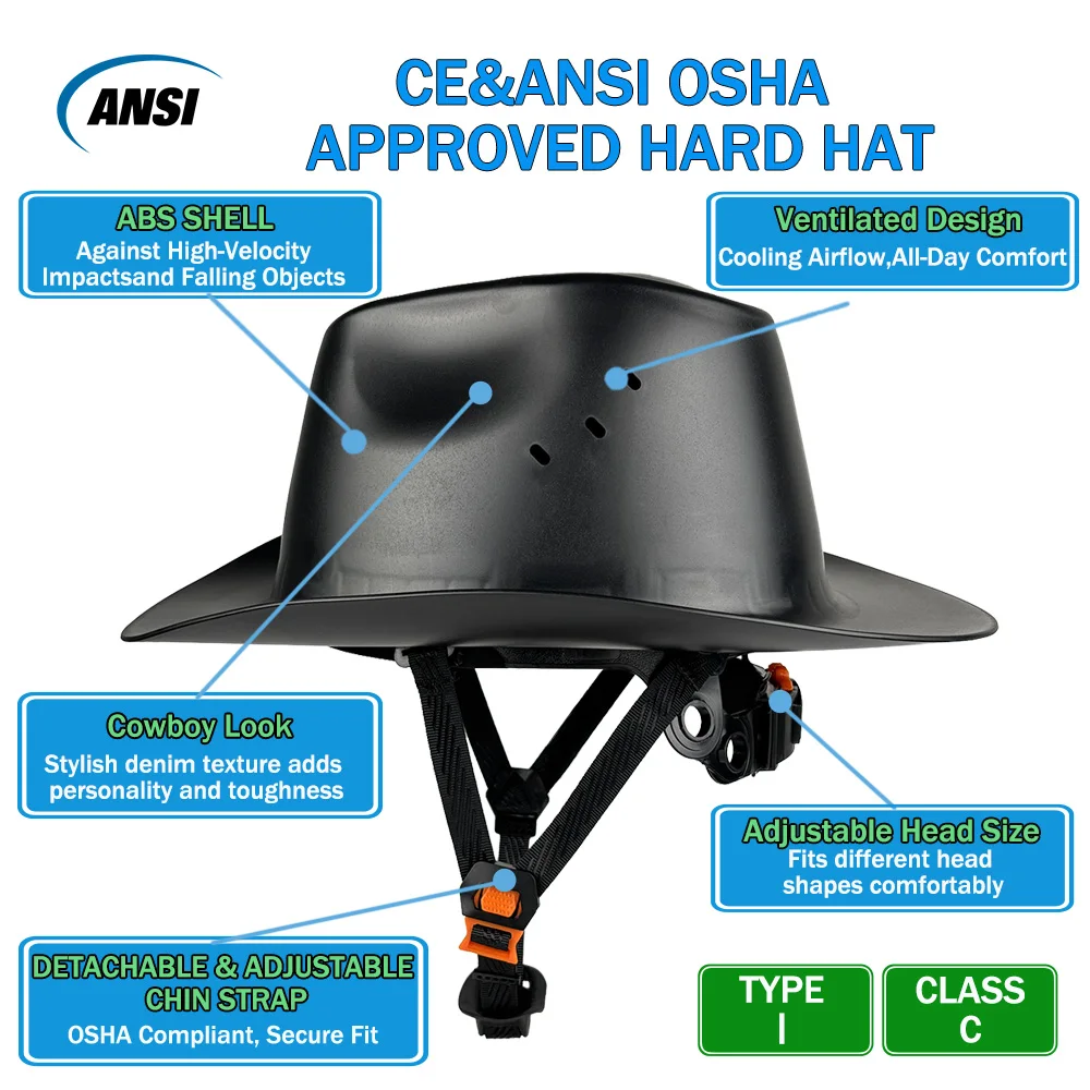 قبعة رعاة البقر الصلبة ANSI Z89.1 الفئة C خوذة كاملة الحواف بفتحات تهوية للاستخدام الصناعي في البناء الخارجي