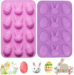 Easter Egg and Bunny Silicone Molds For Chocolate, 3D Rabbit Egg Silicone Candy Molds Easter Cookie Baking Mould Tray for Ice Cu