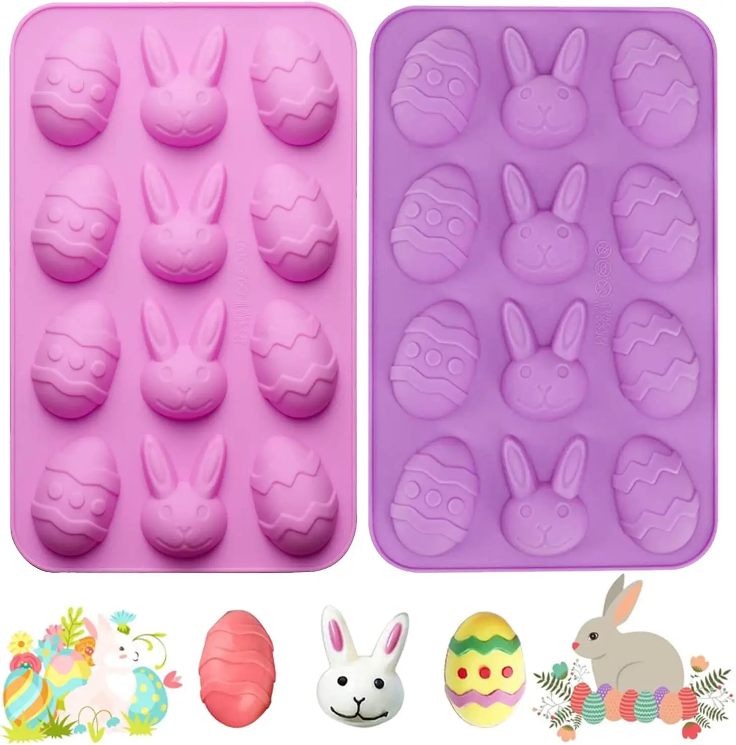 Easter Egg and Bunny Silicone Molds For Chocolate, 3D Rabbit Egg Silicone Candy Molds Easter Cookie Baking Mould Tray for Ice Cu