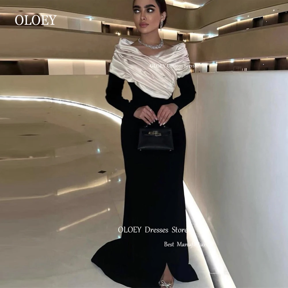 

OLOEY Modest Ivory And Black Mermaid Evening Dresses Saudi Arabic Women Long Sleeves V Neck Formal Party Prom Gowns Classic