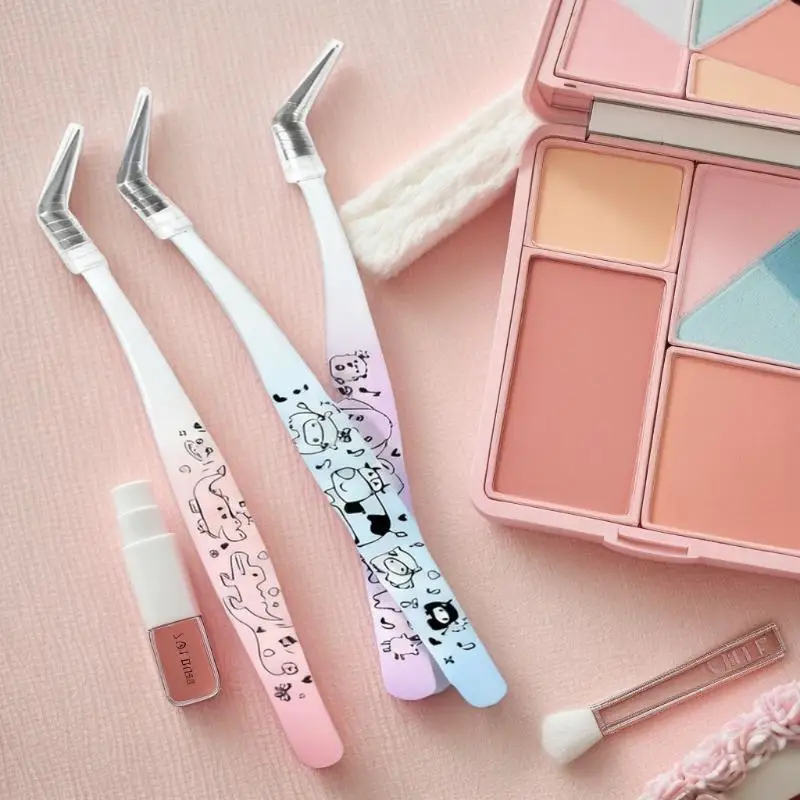 Pinzas para pestañas postizas con estampado de dibujos animados, pinzas para extensión de pestañas 3D profesionales curvadas de acero inoxidable, herramientas de maquillaje