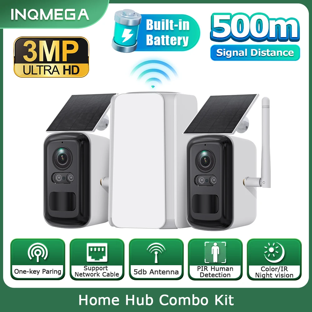 

INQMEGA 3MP Halow Wifi Home Hub Solar Camera Kits Outdoor WiFi Solar Security PTZ Camera Set 2-Way Talk Zero Fees Always free