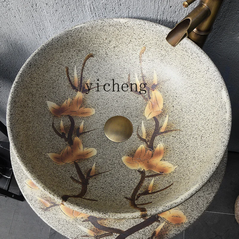 ZC balcony column type washbasin outdoor integrated lotus wash basin retro courtyard ceramic outdoor pool