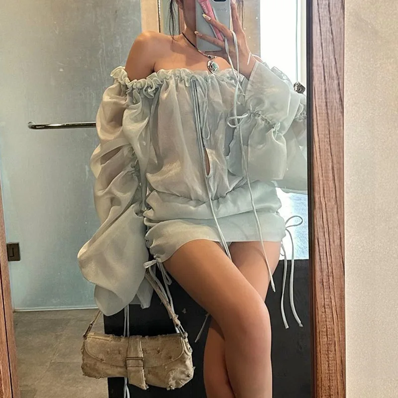 Sexy Slash Neck Ruffles Super Mini Dress Strapless Hollow Backless Sheer Shirt Fashion Off Shoulder Ballet Blue Black Blouse