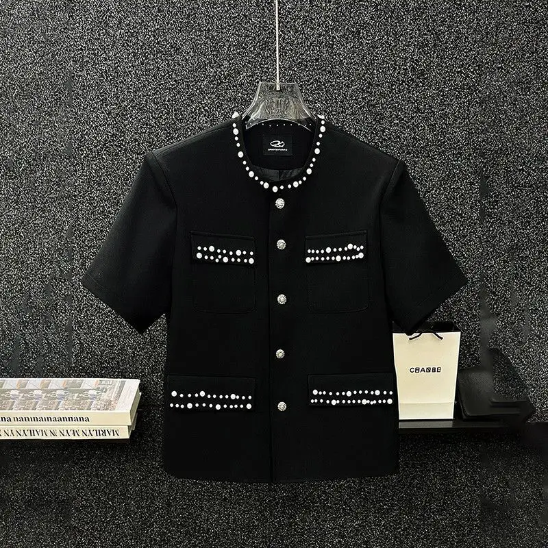 

Высококачественная корейская рубашка с коротким рукавом для мужчин, летняя новая модная повседневная модная дизайнерская уличная одежда, японский черный цвет из бисера