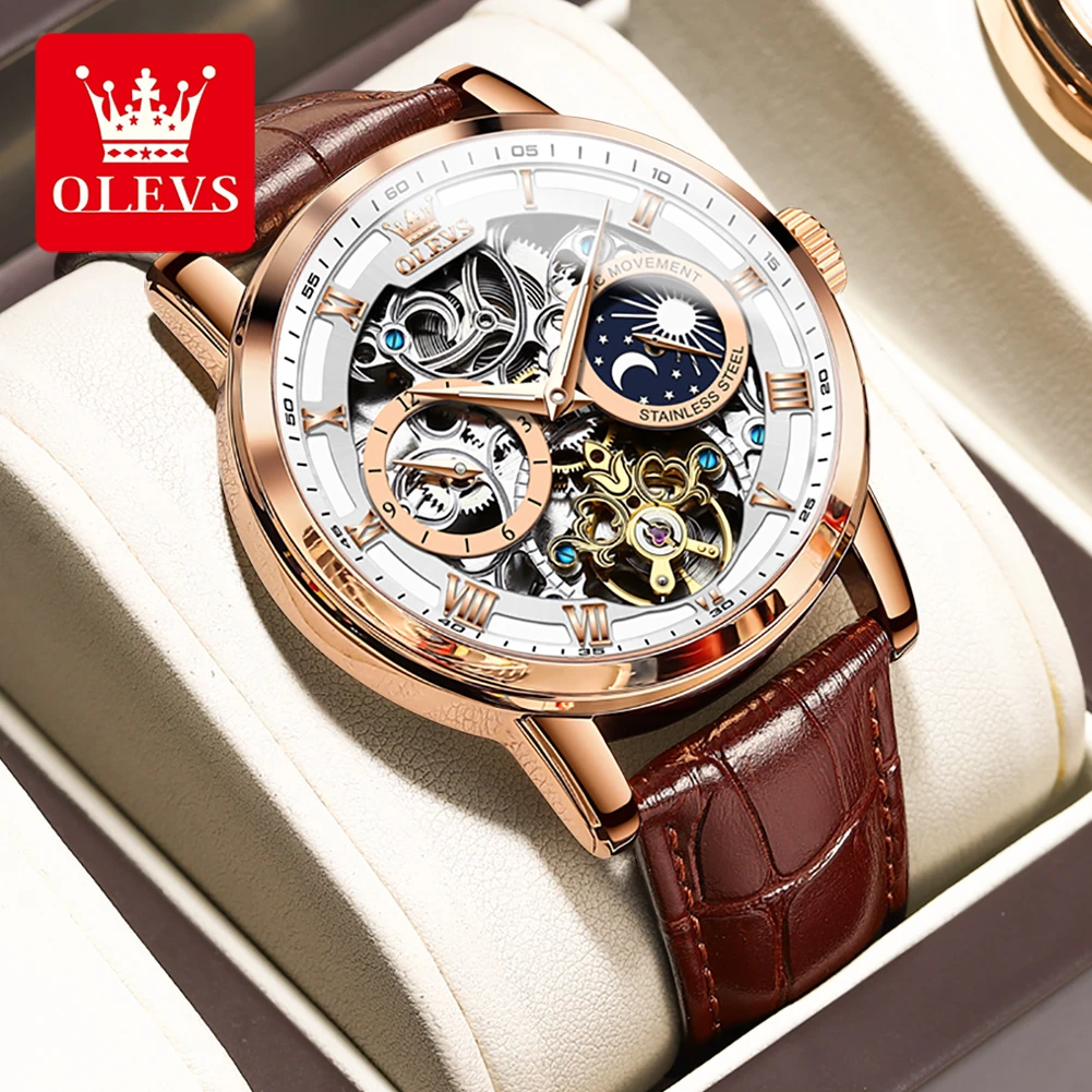 OLEVS 6670 Mechanical Fashion Watch Gift Genuine Leather Watchband Round-dial Moon Phase Month Display