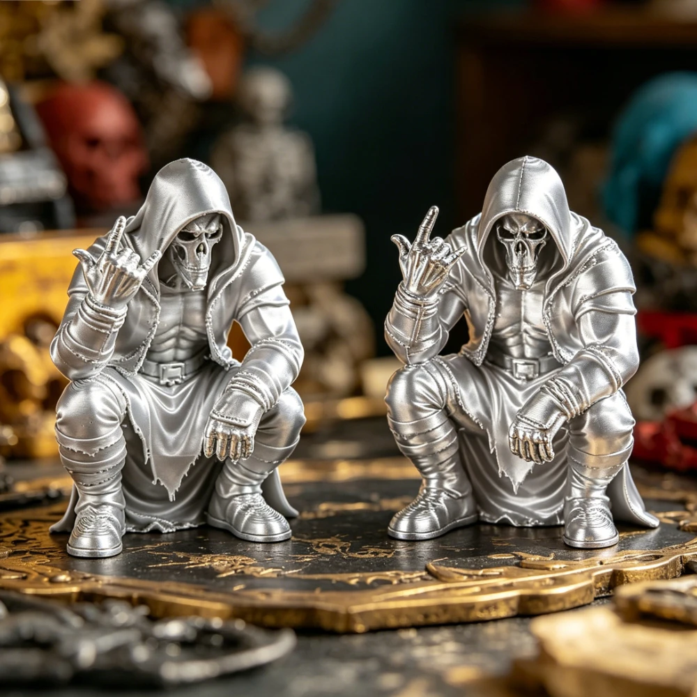 Creativity Hooded Skull Figurine Ornaments Squatting Gothic Grim Reaper Statue Handicraft Desktop Ornament for Home Office Decor