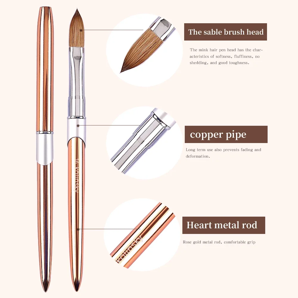 Pennello per unghie acrilico Kolinsky di alta qualità per salone di bellezza Pennello per unghie acrilico con manico in metallo a forma ovale in oro rosa puro al 100%
