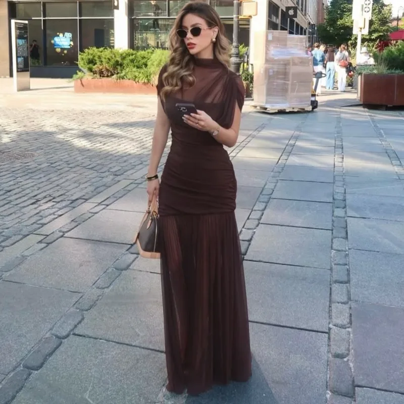 

Talenza Women Elegant Dress Fashion Mesh Patchwork Pleated See-Through Dress Luxurious High-Waisted Female Party Evening Dresses