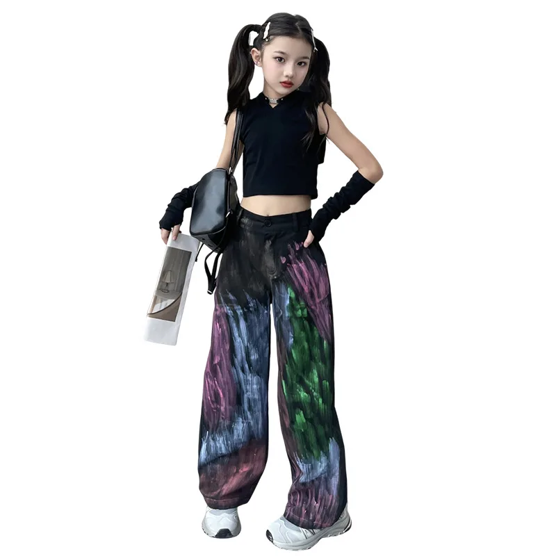 2023 الخريف الشتاء الهيب هوب الجاز المراهقات الفتيات الأطفال راقصة واسعة الساق الكتابة على الجدران السراويل 4 10 11 12 14 سنة بنطلون أطفال الشارع