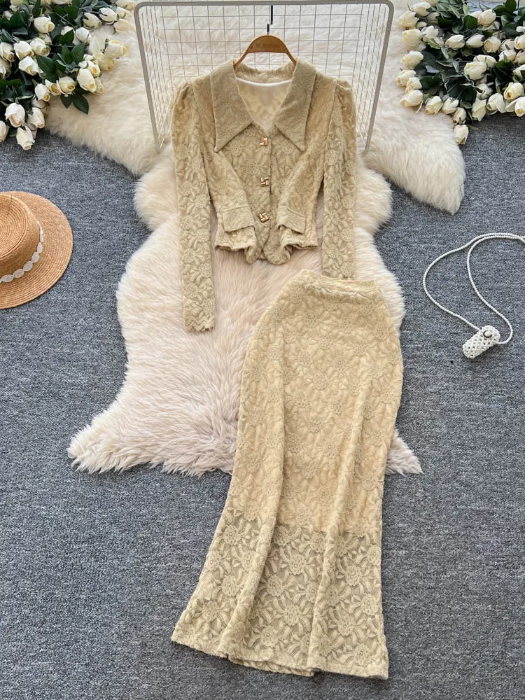 

Ele Two-Piece Set Women's Autumn Faion Small Fraance Sle Long Sve Lace Top High Waist Bodycon Skirt Set