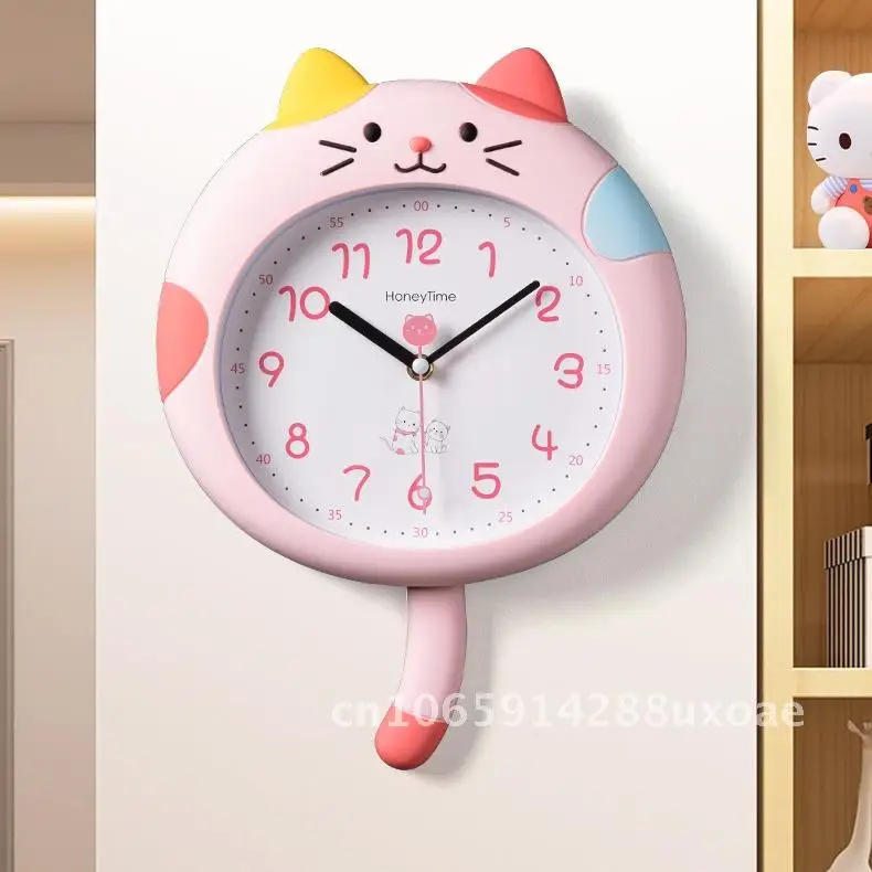 

Meow Cartoon Wall Clock Punch-Free Cute Fashion Decorative Watch for Kids Bedroom Nursery Kindergarten White Gray Pink