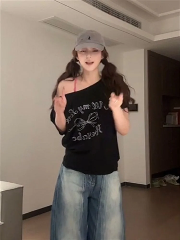 Faionable American Hot Girl Bla Asymmetrical oulder ort Sve T-irt Women Summer  Knot Print Loose ould...