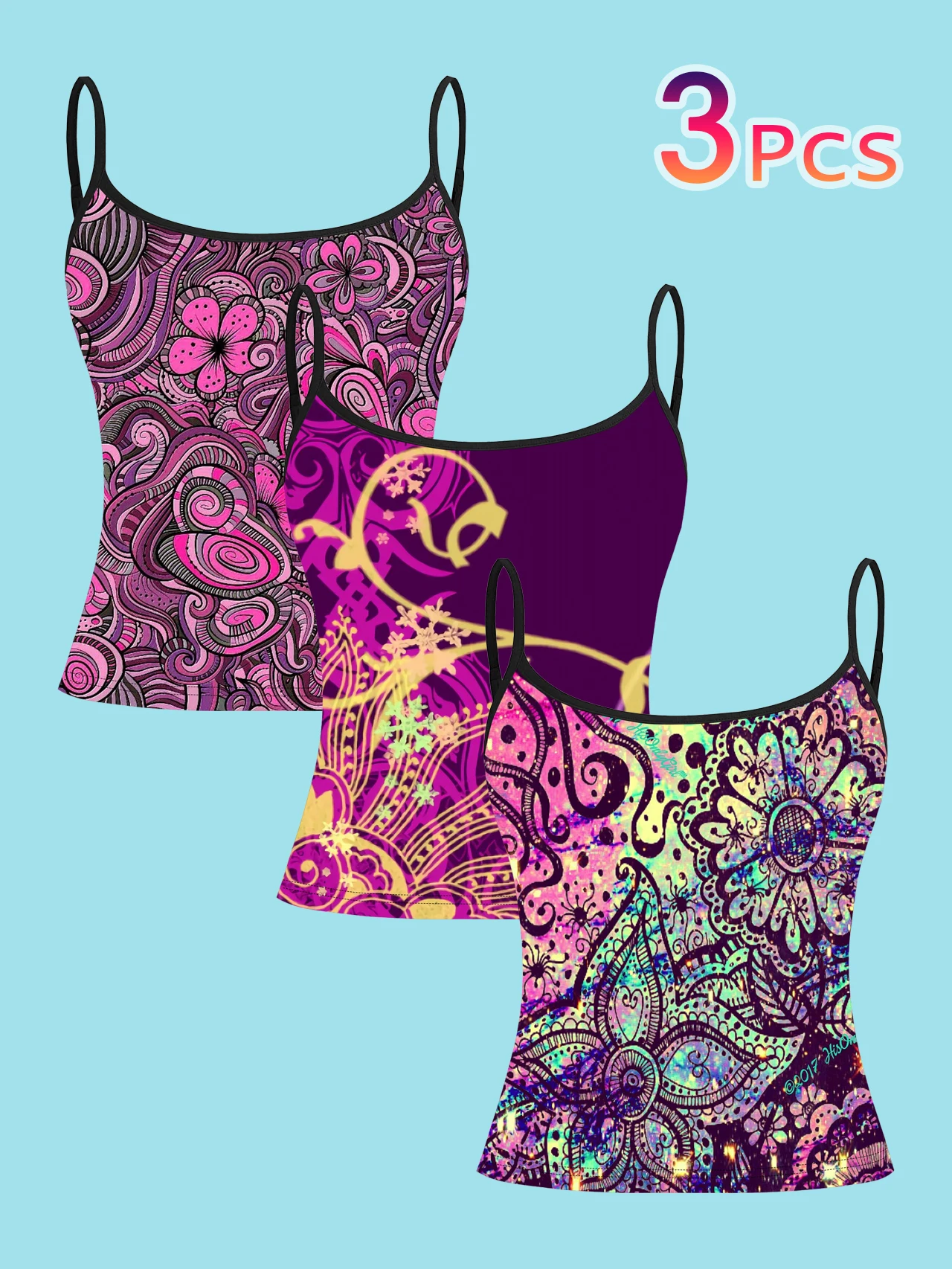 3-Piece Set of Purple Pink Graffiti Mandala Line Drawing Printed Thin Camisole Tops, Deep Purple Gold Patterned Floral Colorful Glitter Slim Fit Sleeveless Tops, Artistic Style Inner and Outer Wear Base Shirts