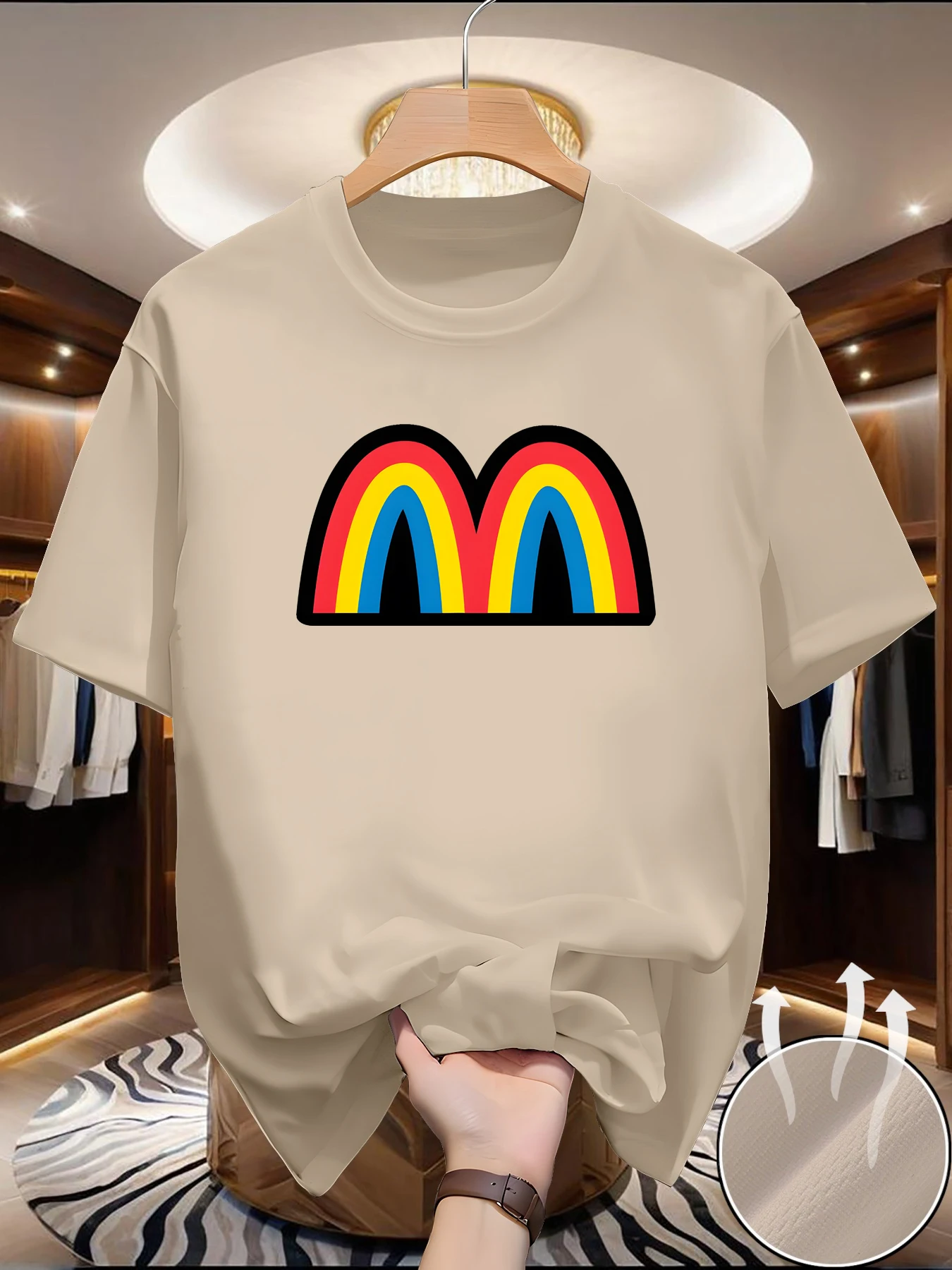 

Men's summer casual, loose, comfortable, breathable rainbow print round neck short sleeved T-shirt top