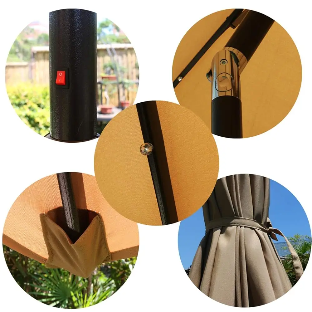 9' Solar-LED-beleuchteter Terrassenschirm mit 8 Rippen/Neigeinstellung und Kurbelliftsystem (hellbraun)