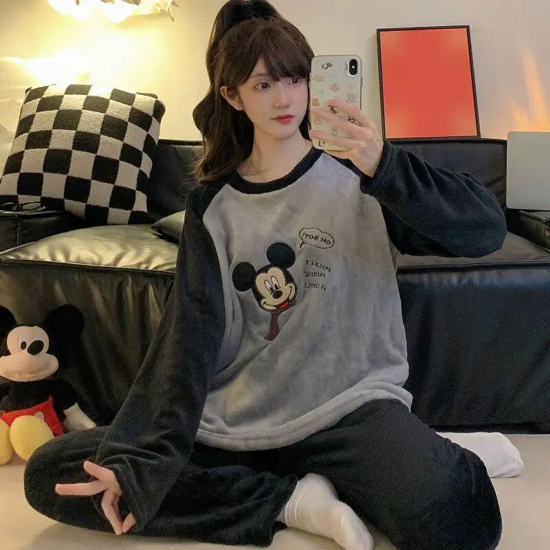 

Disney Mickey 2Pcs Woman Cute Plush Pajamas Suit Kawaii Winter Warm Coral Velvet Cartoon Long-Sleeved Pants Girls Homeclothes