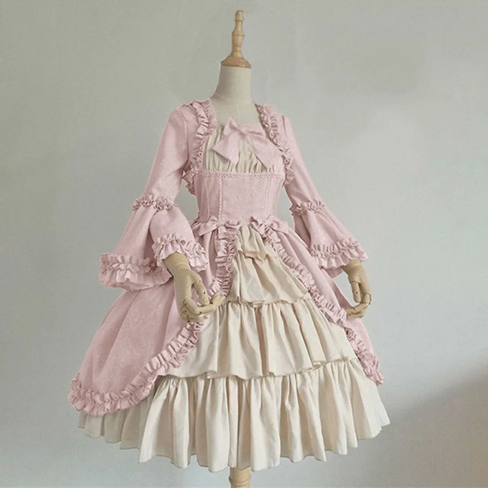 

European and American medieval retro Gothic court dress with square neckline, waist cinching, and spliced bow tie dress