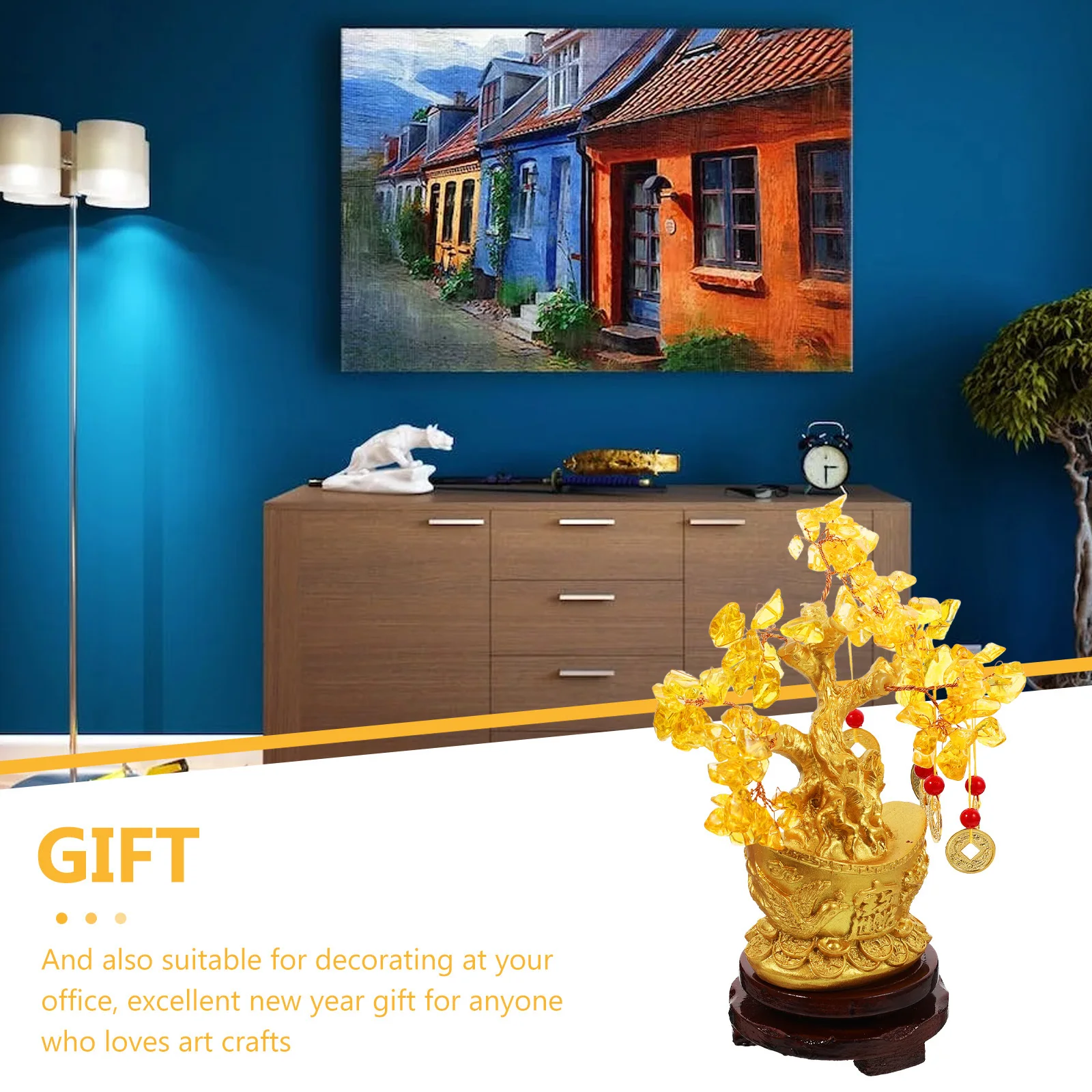 

Fortune Tree Ornament Resin Wood Copper Citrine Desktop Decoration Creative Chinese Style Money Tree Home Adornment