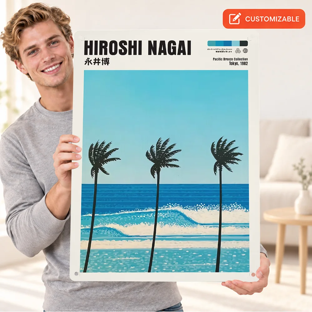 Hiroshi Nagai Palm Trees And Ocean Landscape Printed Poster Customized Aluminum Metal Sign Scenic Wall Art For Bedroom Gift Idea