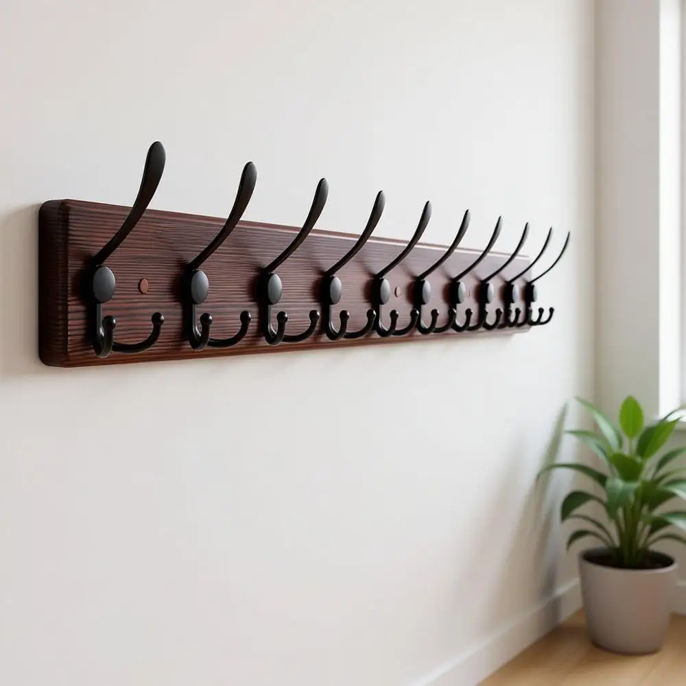 

Большая настенная вешалка для одежды 38,6 дюйма с 10 тройными крючками, черный металл и коричневое сосновое дерево, для шляп и пальто