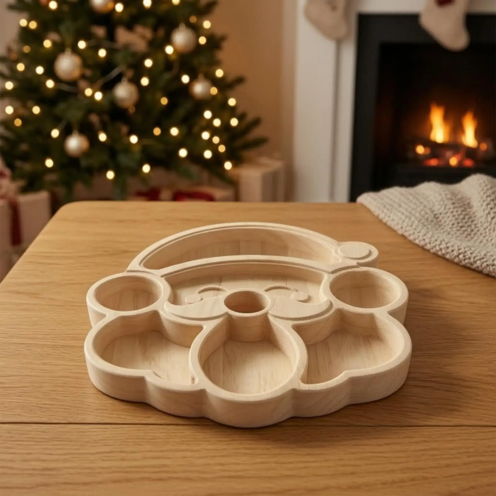 Plateau de Noël en bois lisse non traité avec séparateurs pour servir des friandises et créer des décors de table festifs
