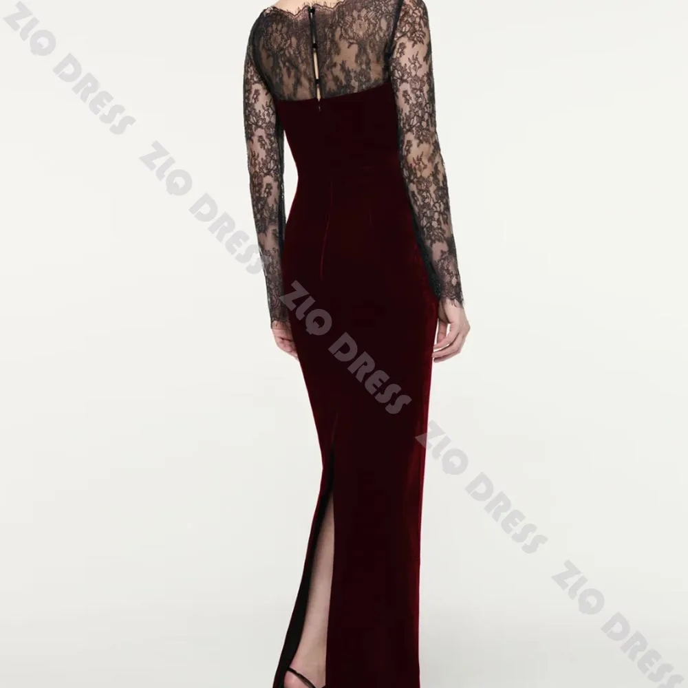 Customized Evening Dresses Square Neck Lace Applique Velvet Column for Women Wedding Guest Dresses Ankle Length Prom Party Gowns