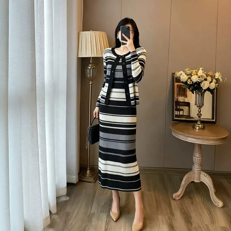Miyake Pleated Skirt Set Plisse Women 2026 Autumn New Fold Striped Color Block Cardigan+Matching Pleats Dress Set Women Clothing