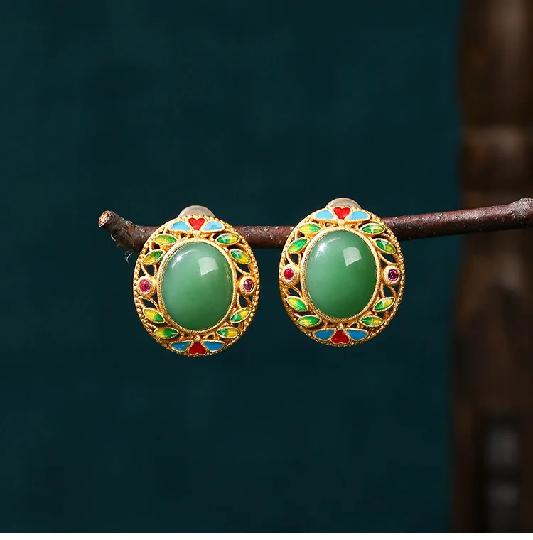 

Green Real Jade Earrings Talismans 18K Gold Plated Accessories Women Flower Ear Studs Amulet Natural Jewelry Designer Luxury