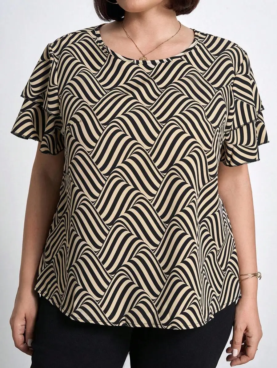 

Plus Size Women's Round Neck Ruffle Sleeve Geometric Wave Print Blouse