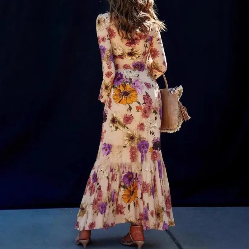 2026 Women Summer Maxi Dress Vintage Print Chiffon O-Neck Long Sleeve Vestido Female Elegant Bohemia Dresses French Holiday Robe