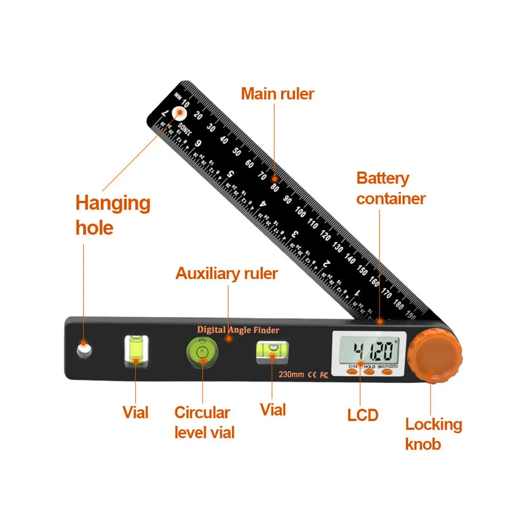 Digital Protractor Measuring Screen Display Battery Powered Angle Ruler