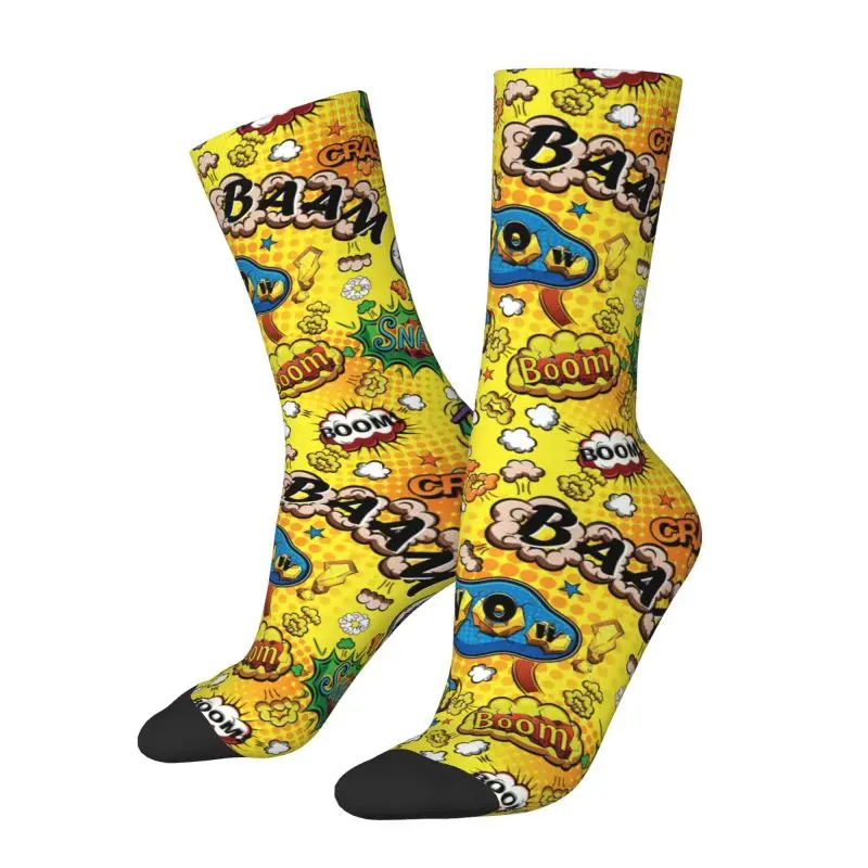 

Custom Yellow Comic Speech Bubbles Pattern Dress Socks for Men Women Warm Fashion Crew Socks