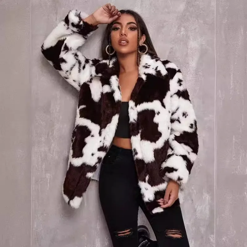 Women's Autumn/Winter Top Coat Faux Fur Cow Print Warm Comfortable Loose Casual Design Fashion Advanced Niche Versatile Skinny