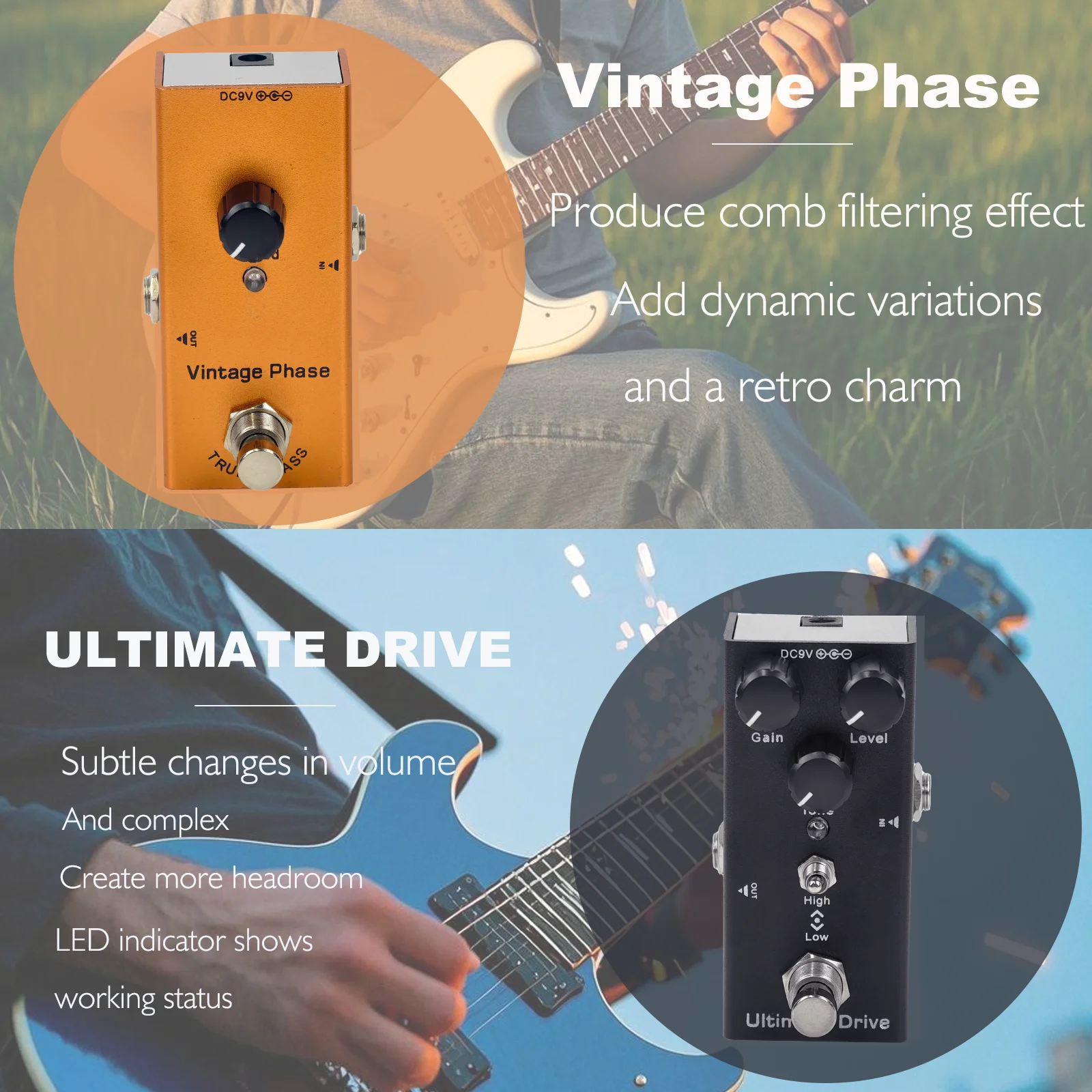 دواسة تأثير الجيتار الكهربائي الصغير Overdrive/Distortion Crunch/US Dream/Chorus/مرحلة عتيقة/تأخير رقمي/تريمولو