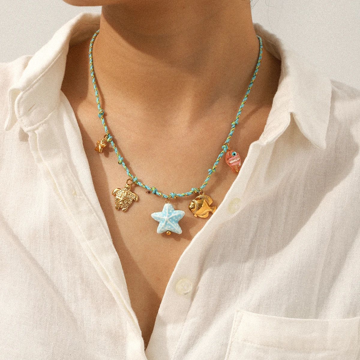 

Huangchao Vintage Stainless Steel Pendant Necklace Rope Chain Bohemian Blue Style Bracelet Fashionable Jewelry Exquisite Gift